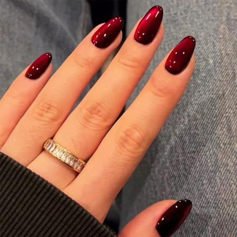 SINHOT Amêndoa Press on Nails Unhas Falsas Médias Cola Brilhante Em Olho De Gato Vermelho Acrílicas Stiletto Artificiais