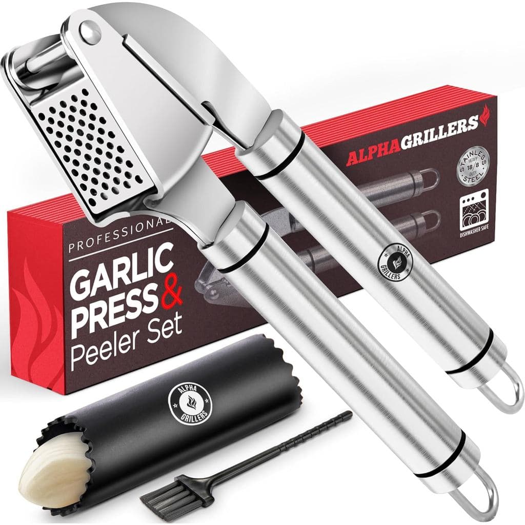 Prensa de Alho Alpha Grillers em Aço Inoxidável - Fácil de Limpar, Resistente à Ferrugem, Lavável na Máquina de Lavar Lo