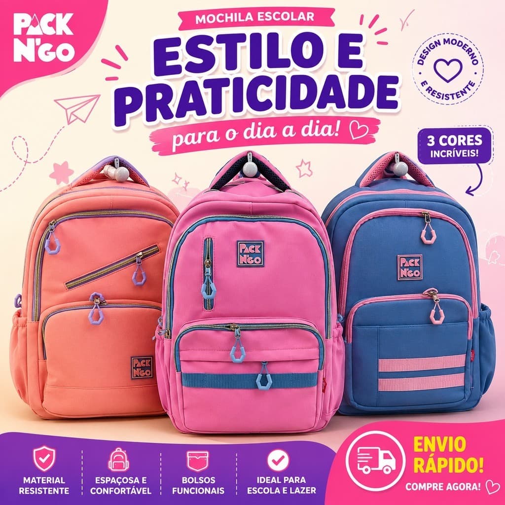 Mochila Escolar Pack ' Neo Reforçada Grande Feminina Juvenil com Bolsos Laterais