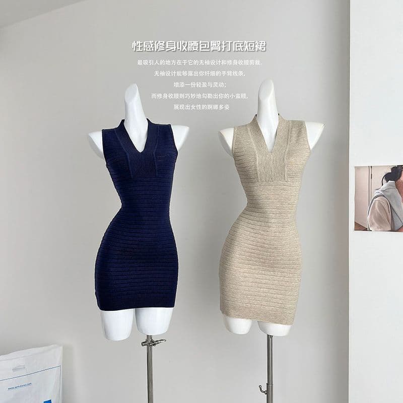 Vestido colete de malha com decote em V feminino primavera Slim fit cintura estreita saia quadril embalada
