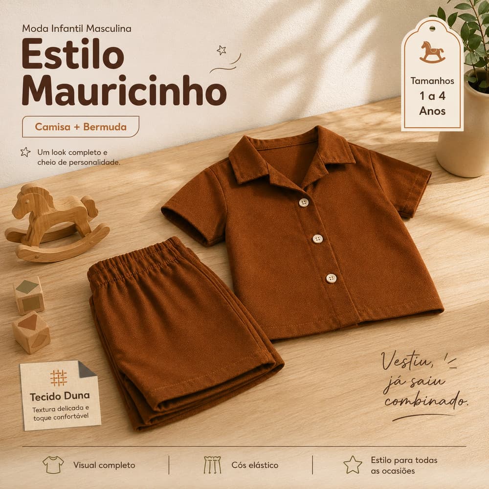 Kit 2 Peças Infantil Masculino Mauricinho Bermuda e Camisa Botão 1 a 4 Anos