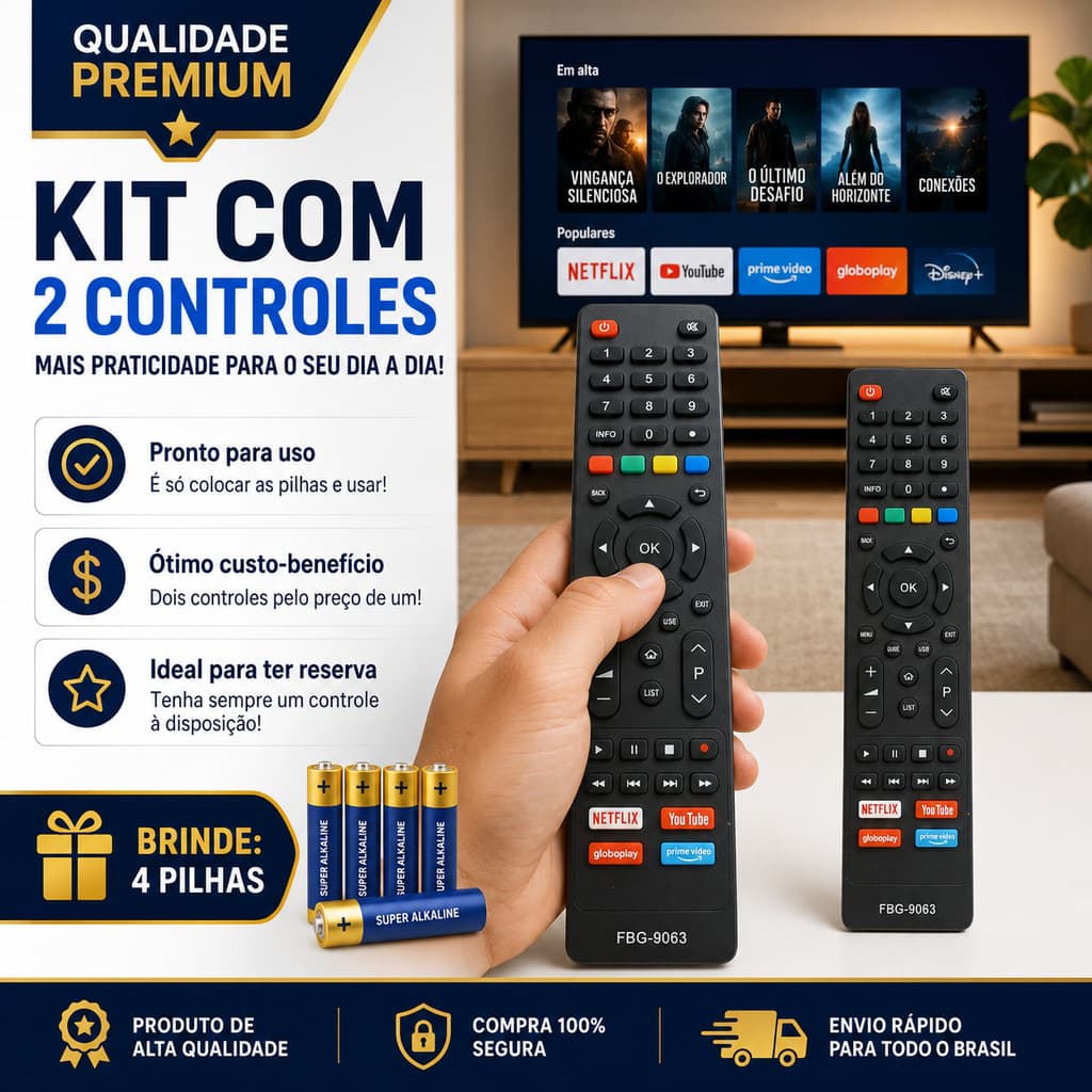 Kit Controle Remoto TV Philco e Britânia Smart Compatível com Teclas Netflix