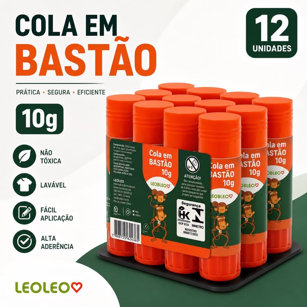 Kit 12 Colas em Bastão Escolar 10g Artesanato Escritório Leo&Leo