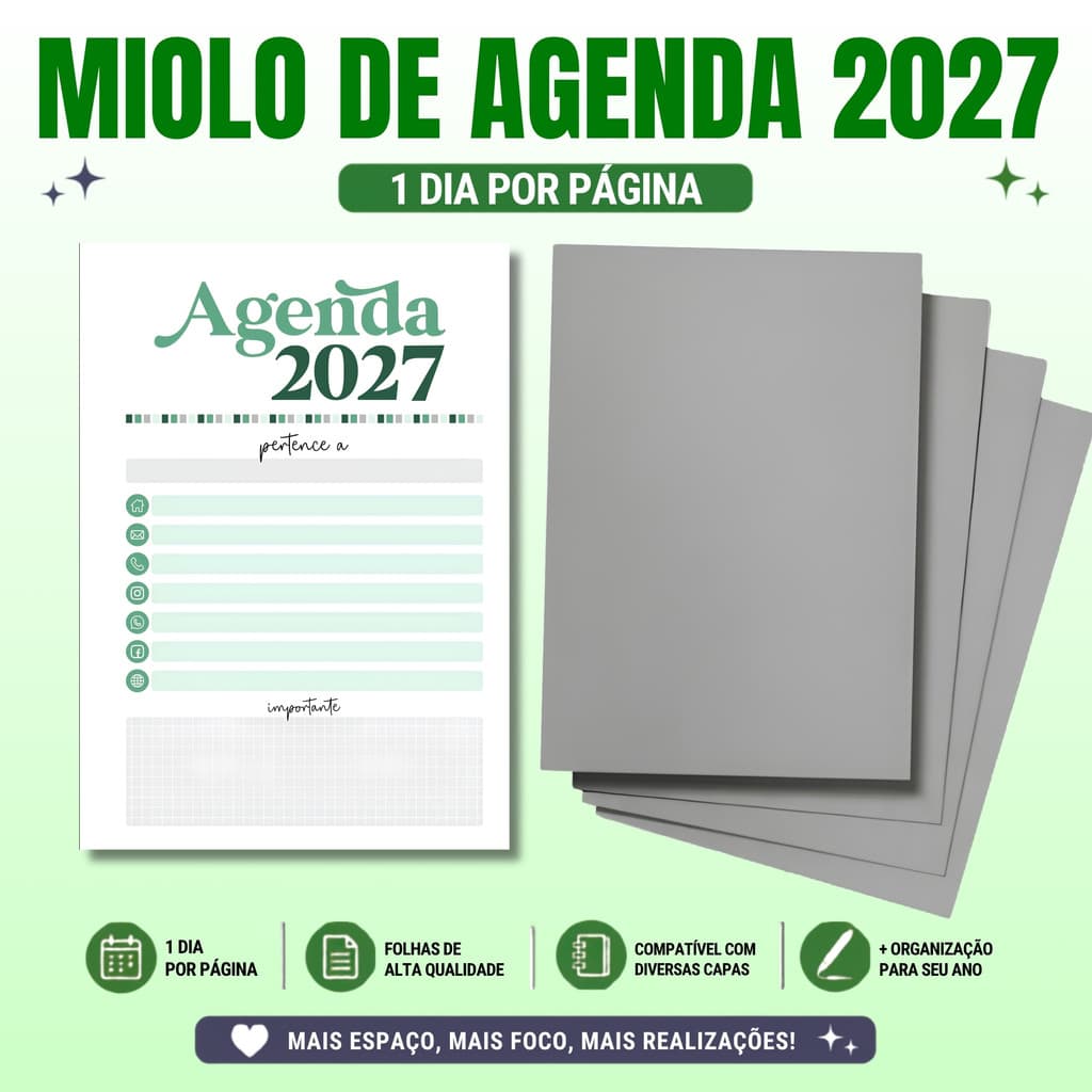 2 Miolo De Agenda 2027 - Colorido VERDE - 1 Dia por página/ + Capa dura / Impresso no A5