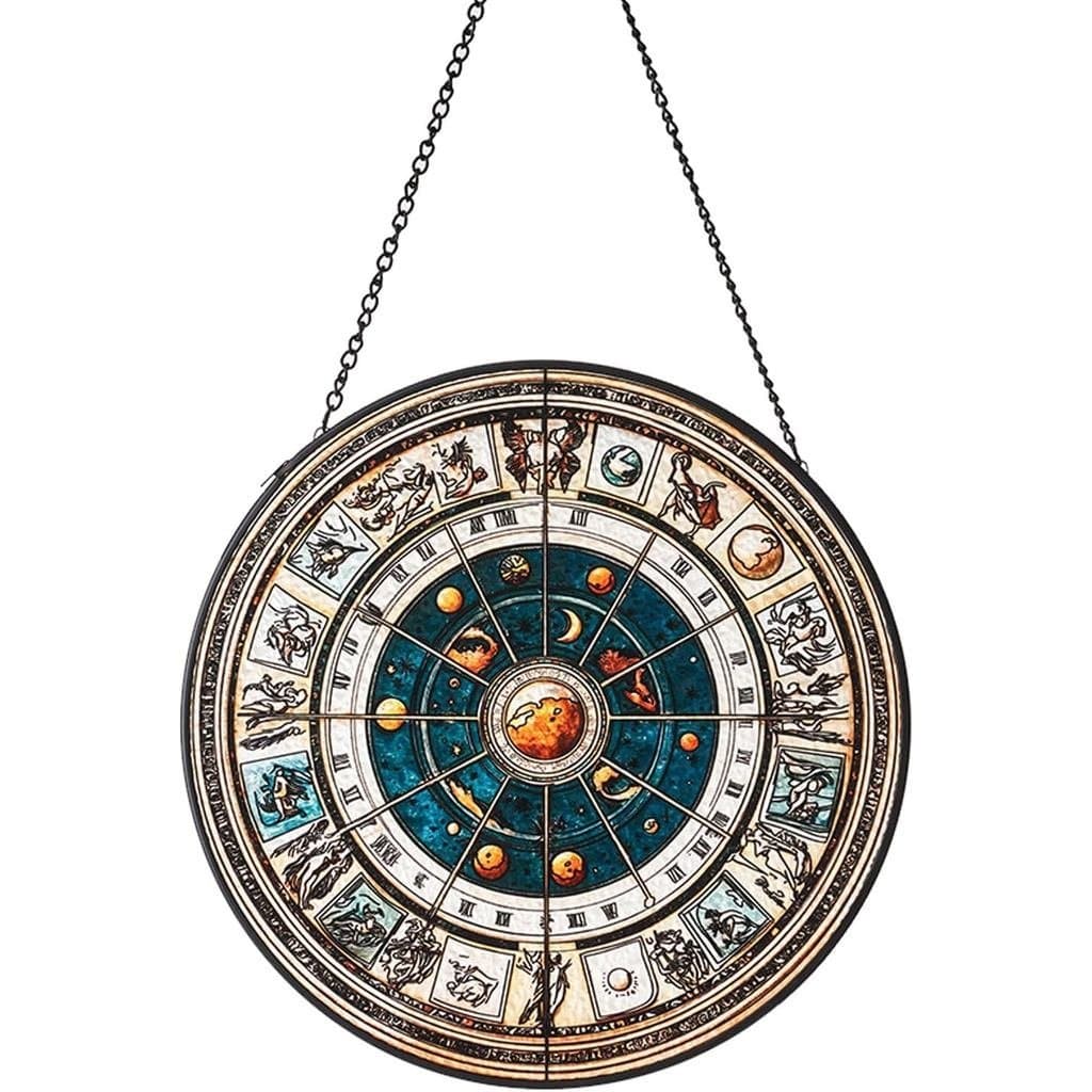 Decoração de Janela em Vitral, Apanhador de Sol de 7,87" com Roda do Zodíaco Impressa – Design Celestial de Sol e Planet