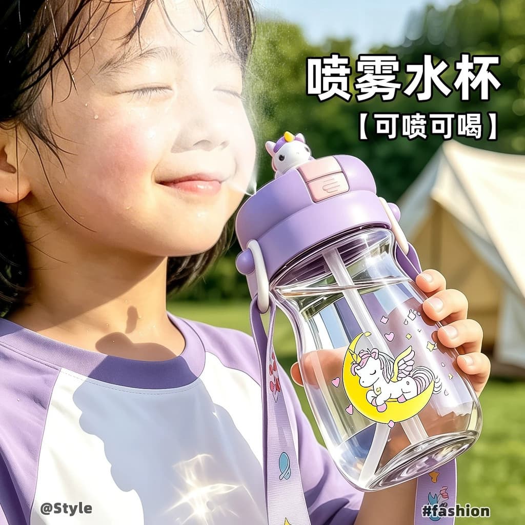 [Estoque pronto] Copo de água em Spray infantil menina verão grande capacidade de alto valor estudante escola copo de pa