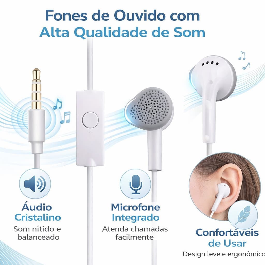Fone de ouvido Branco  headset com fio e microfone, entrada de 3.5mm barato