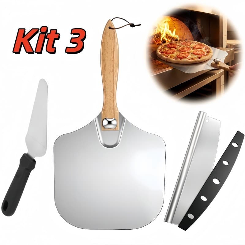 Kit 3 Pá De Casca De Pizza Perfurada De 12polegadas Com Cabo 40cm