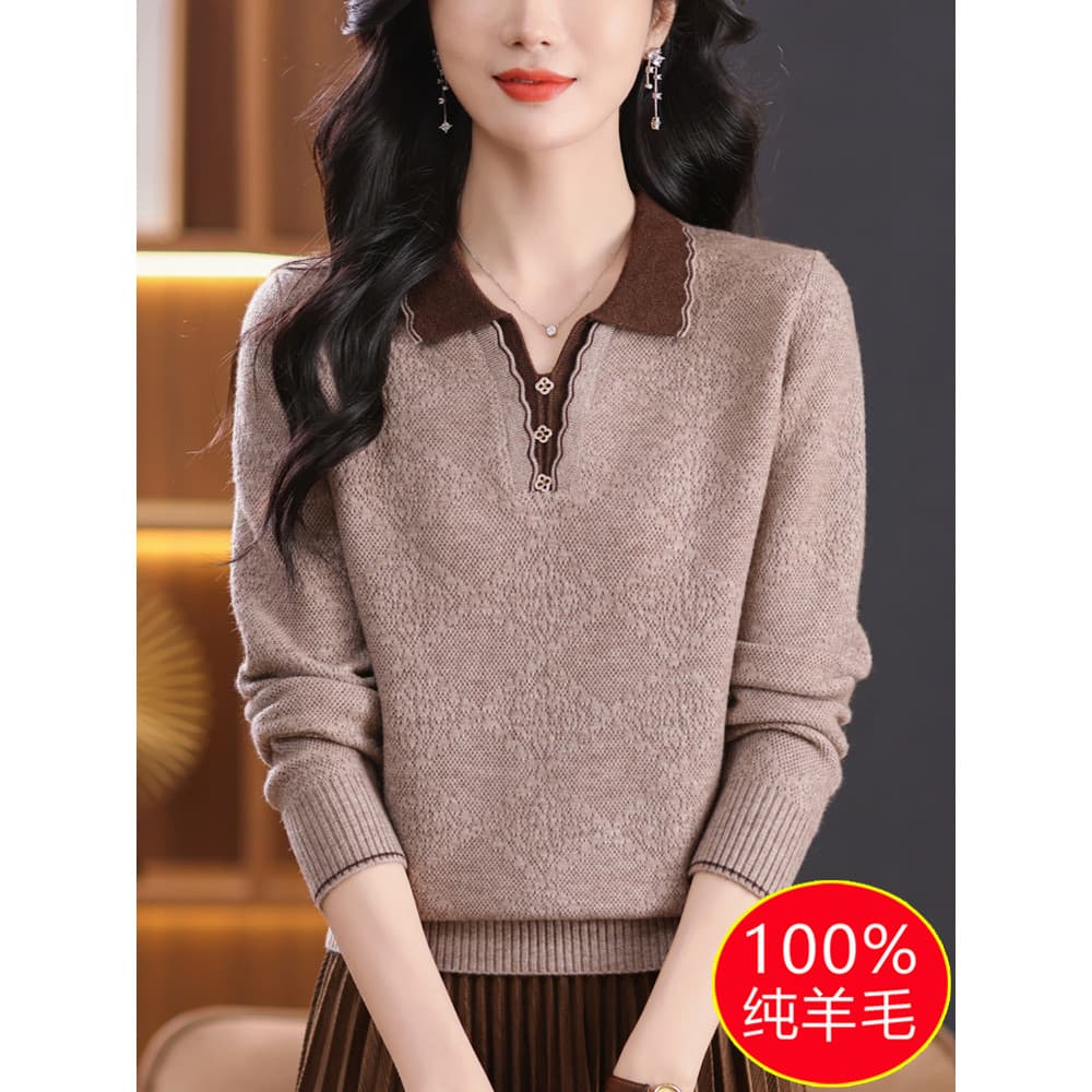 Nova camisola de lã feminina solta exterior Wear primavera outono malhas High-End lã camisola lapela gordura mm redução