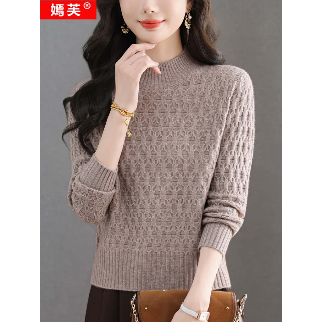 Yanfu outono inverno meia gola alta camisola moda elegante malhas feminino quente grosso camisola idade-Reduc
