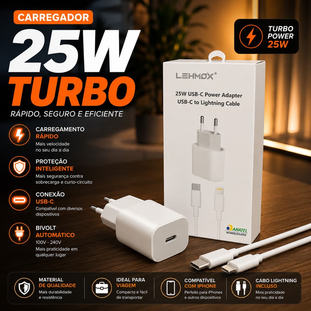 KIT Carregador Iphone Cabo + Fonte USB - C Lightning Turbo 25W Lehmox Homologado Anatel