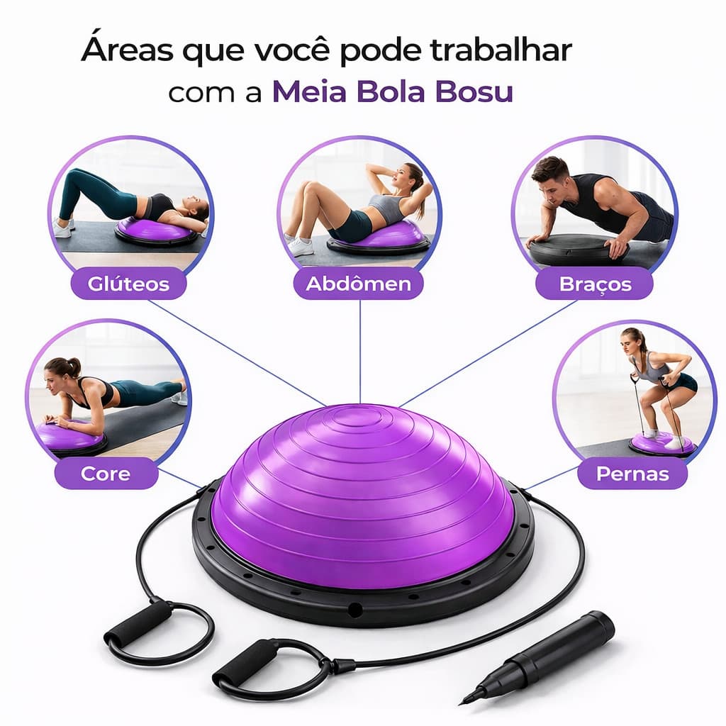 Meia Bola Bosu Balance com Bomba Alças Elásticas Pilates Yoga Step Treino Funcional - ROXO