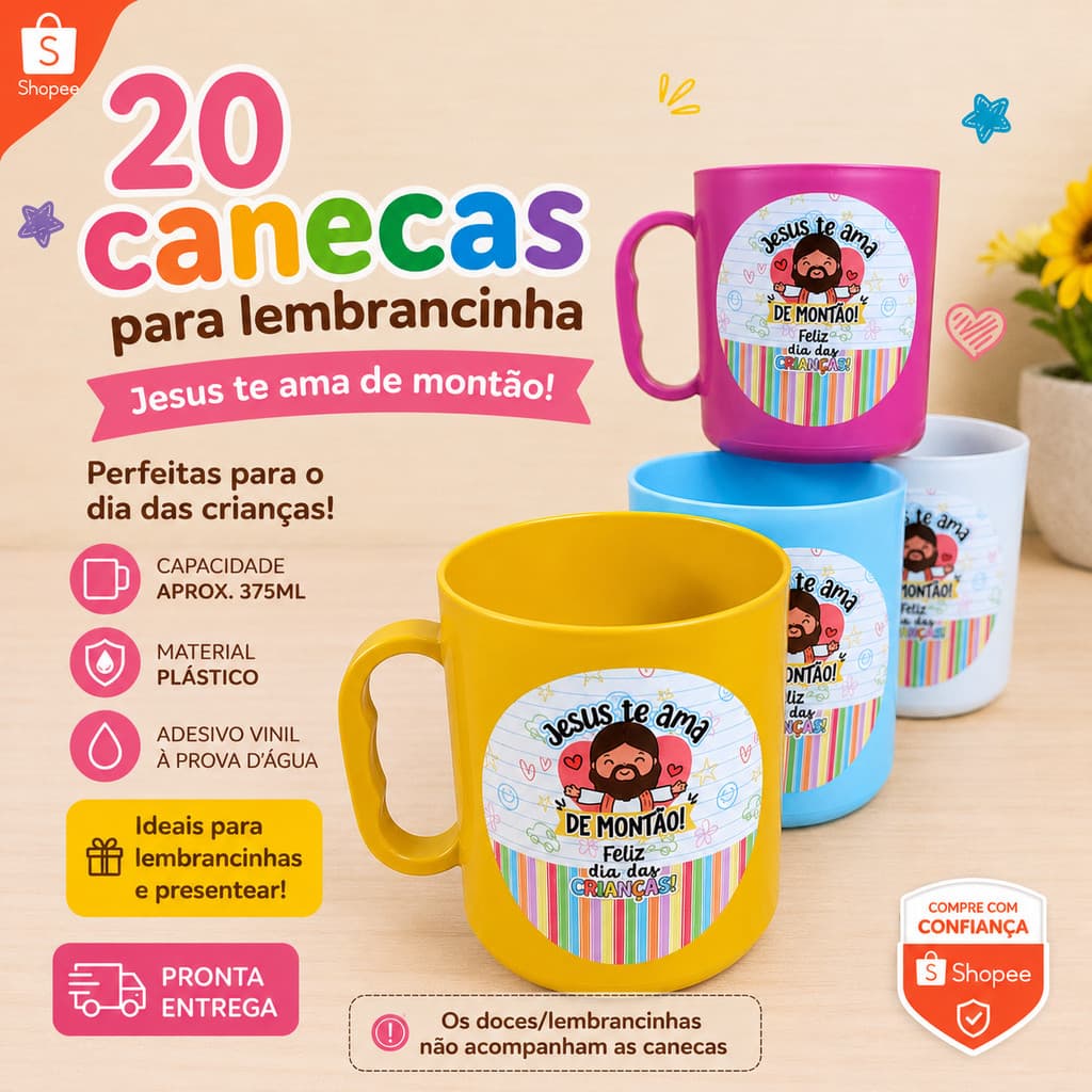 Lembrancinha dia das crianças kit 20 canecas de plástico 375 ml presente escolas creche igreja evangélica brinquedo