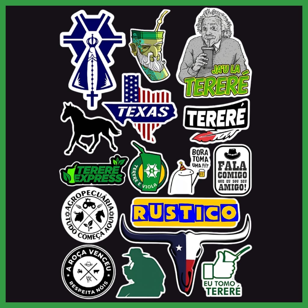 Kit com 70 adesivos decorativos agro country em 4 cartelas para garrafa térmica e tereré
