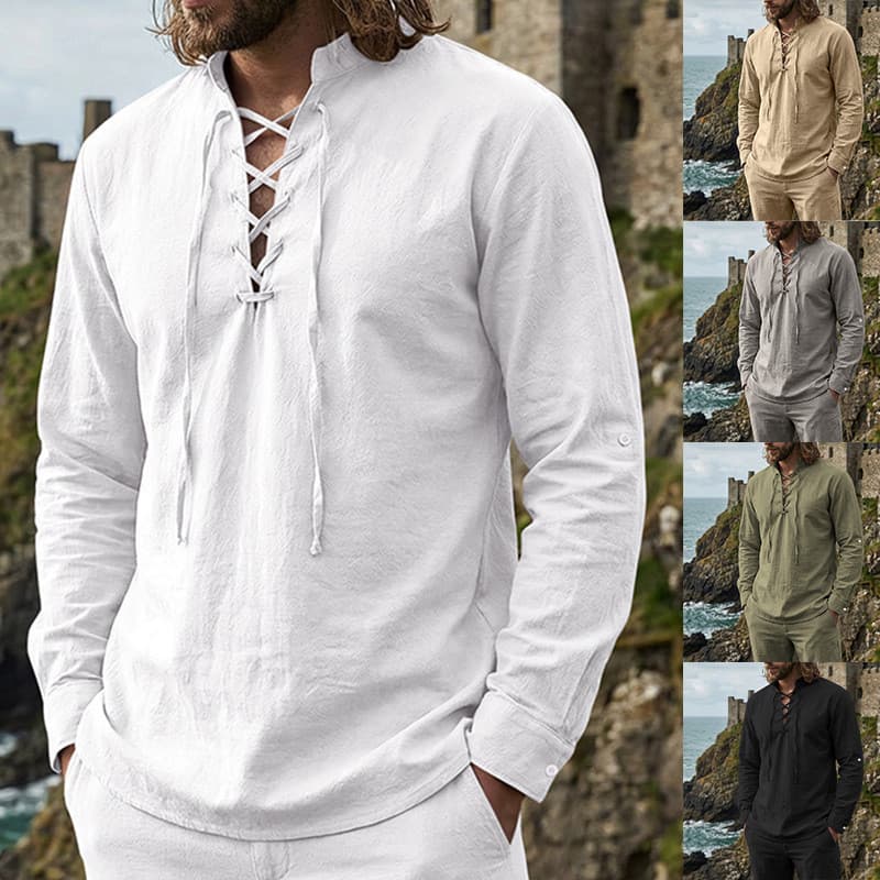 Camisa de manga comprida de linho de algodão falso Hugh com decote em V amarrado terno pirata