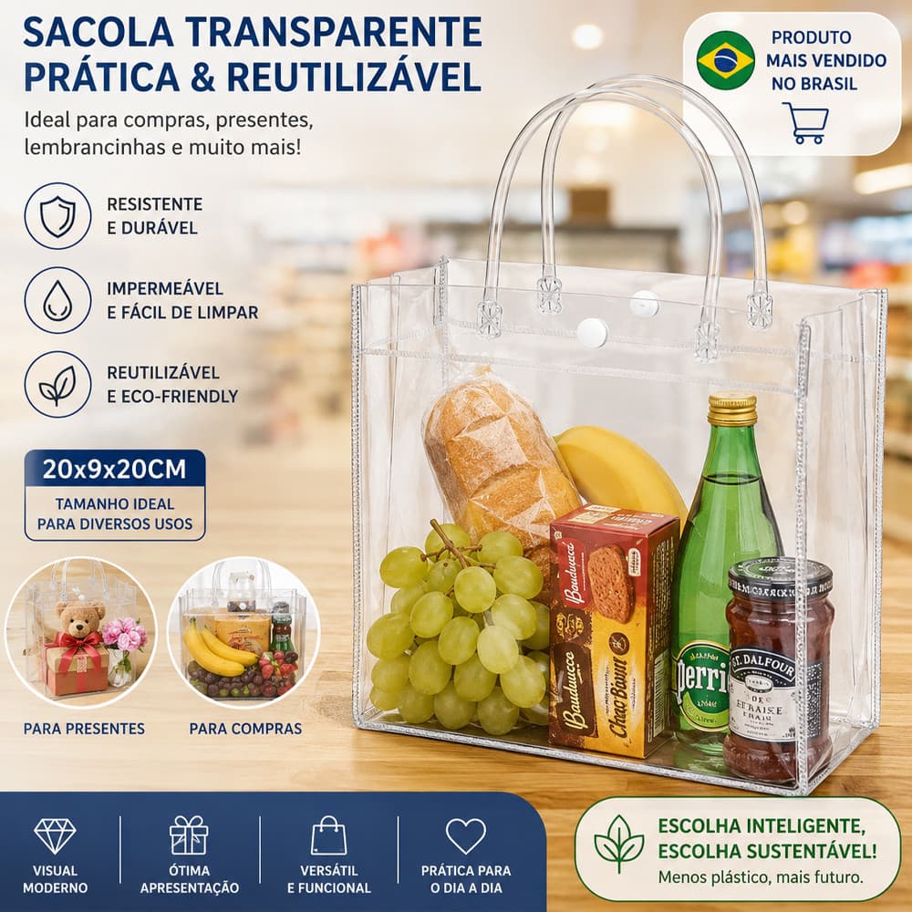 Kit 30 Sacolas de Presente PVC Transparente Reutilizáveis - 5 Tamanhos 20*20*9cm