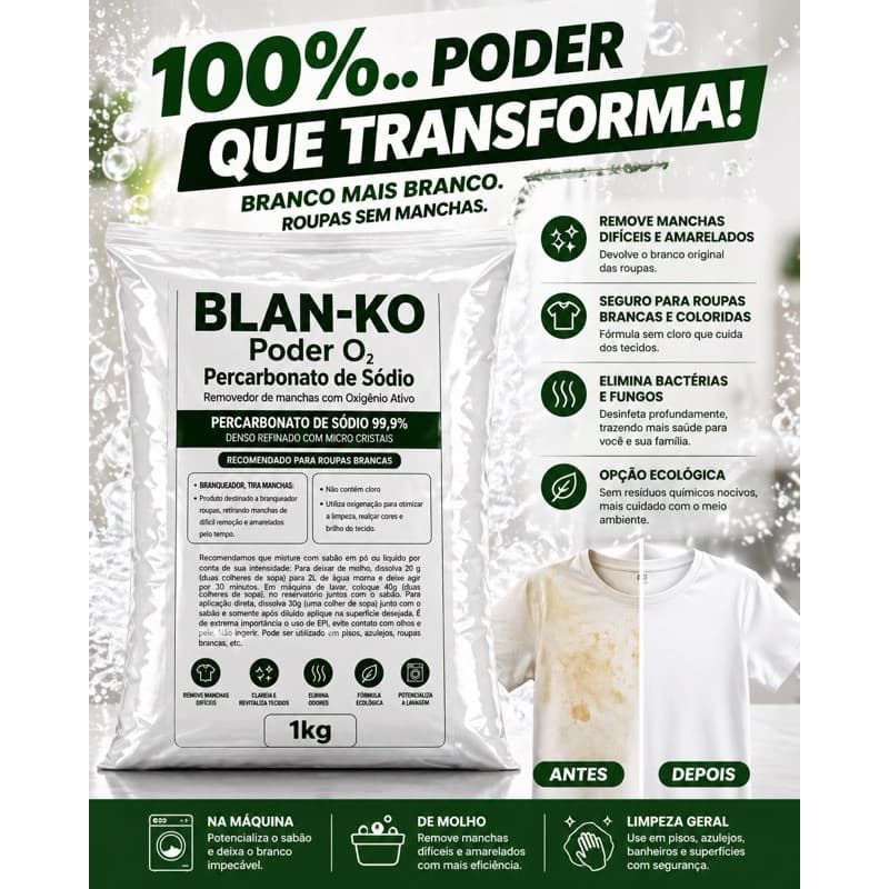 Percarbonato de Sódio Blanko 100% Puro Limpeza Em Geral Tira Manchas Roupas Brancas 1kg /2kg