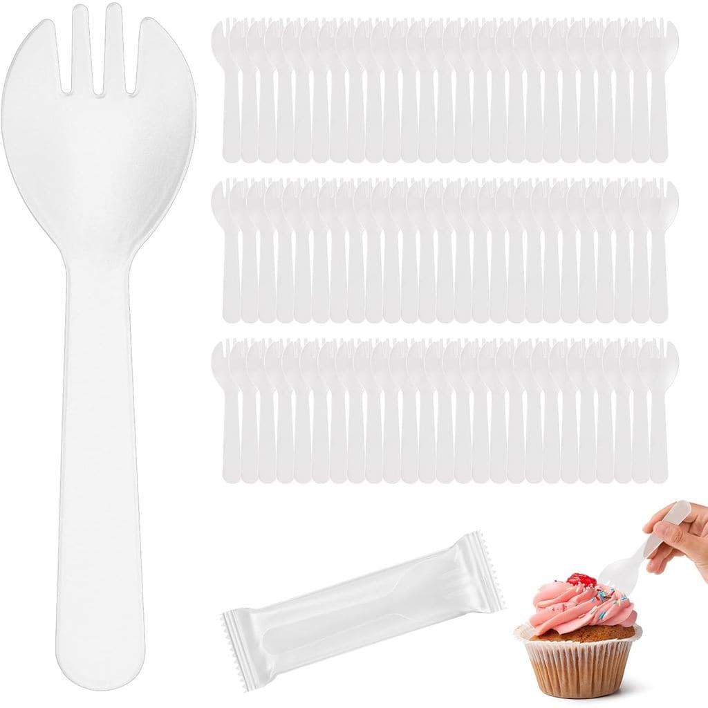 100 Peças de Mini Garfos-Colher Transparentes de Plástico, 4,2 Polegadas, Utensílios Descartáveis Embalados Individualme