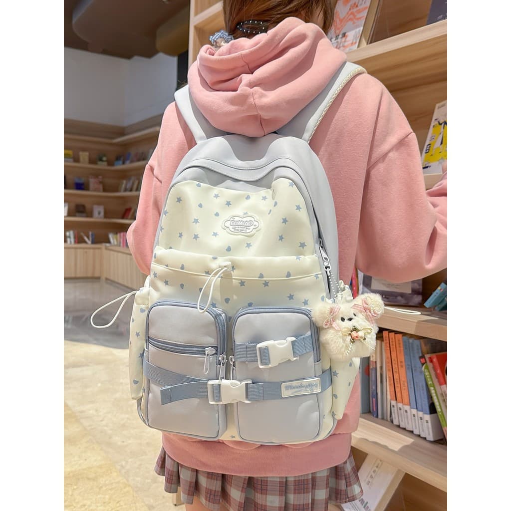 Mochila feminina para estudantes do ensino médio, mochila estampada, combinação de cores fofa, estilo universitário. Um