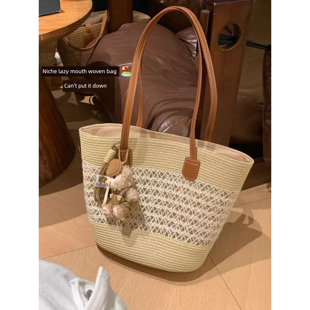 Design oco saco de palha feminino grande capacidade tecido cesta de vegetais verão praia saco francês sacola All-Match n