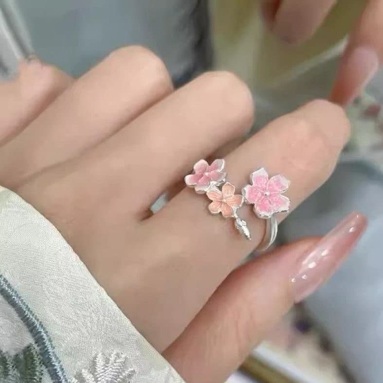 Suave rosa cereja gradiente flor abertura anel ajustável ins estilo diário All-Match nicho Design anel