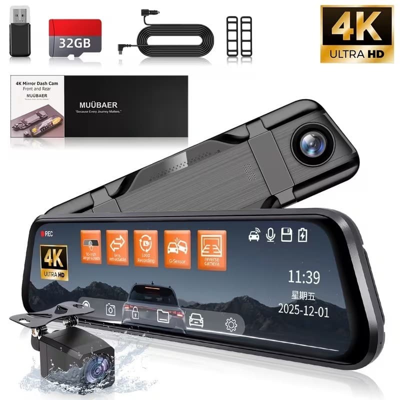 Câmera Veicular Retrovisor Inteligente 4K Tela 10” Frente e Traseira Wi-Fi APP com Cartão 32GB