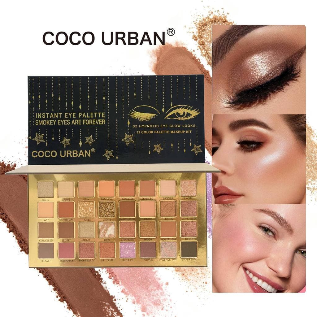 Nova paleta de sombras multifuncional de 32 cores com acabamentos perolados e foscos para maquiagem de palco.