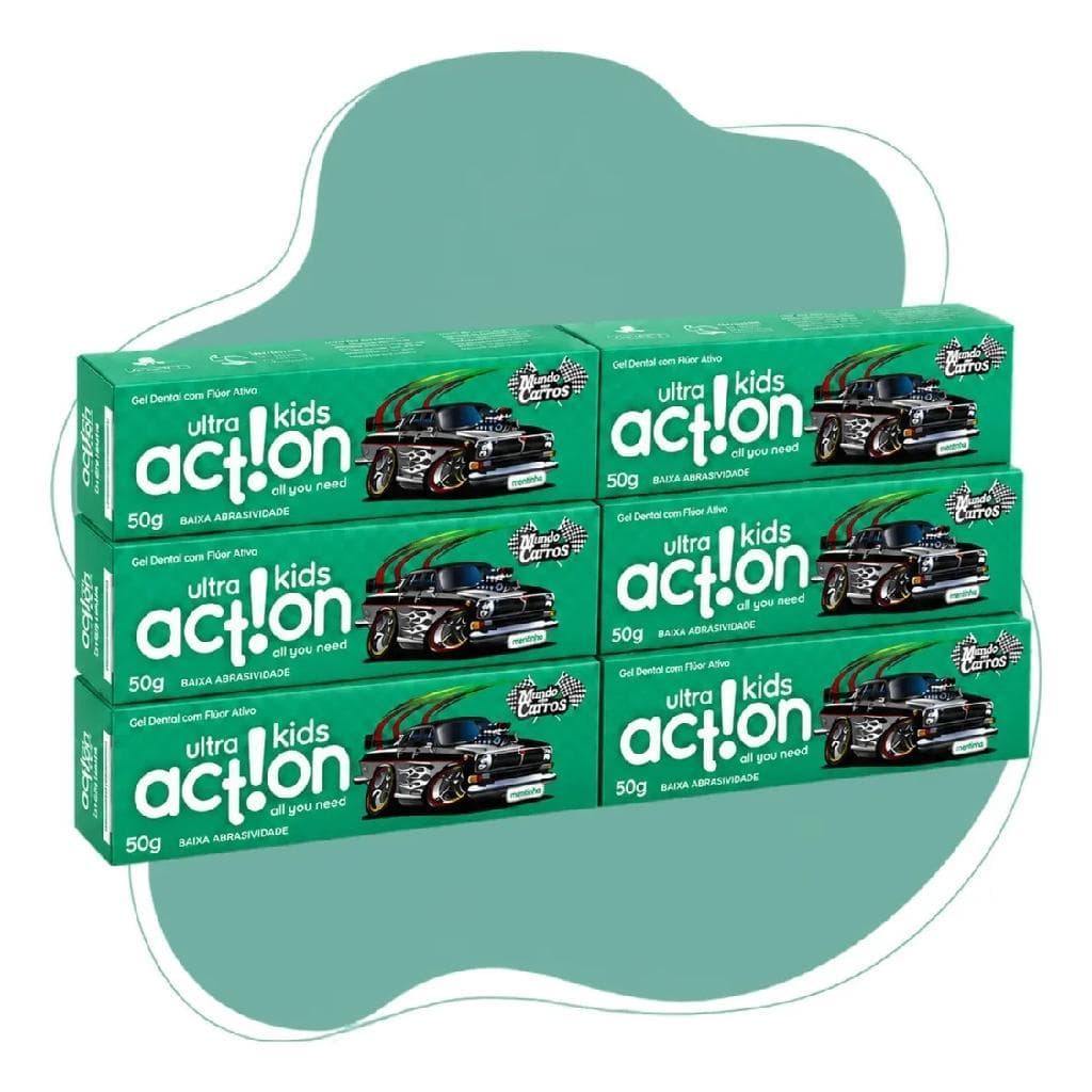 Kit Com 6 Gel Creme Dental Infantil Com Fluor Vegano 3+ Anosv - Ultra Action Kids - Mundo Dos Carros