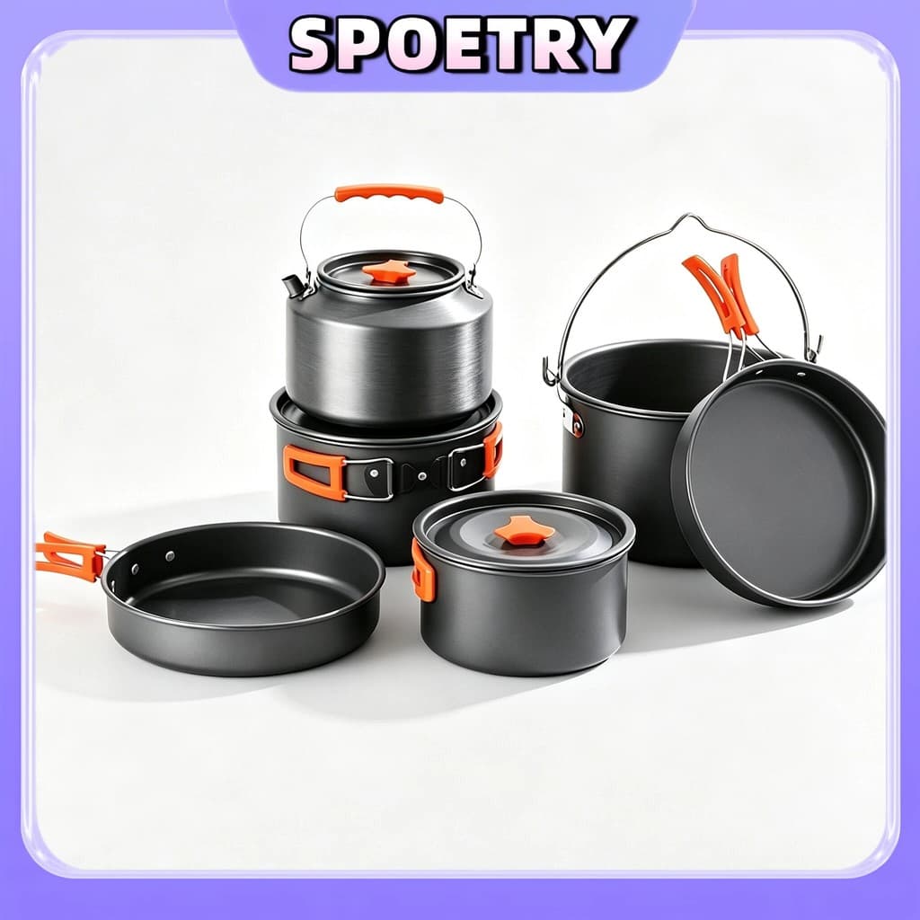 Kit De 5 Peças Cozinha Portátil Para Acampamento Alumínio Anodizado Com Fogão E Panelas Empilháveis Outdoor