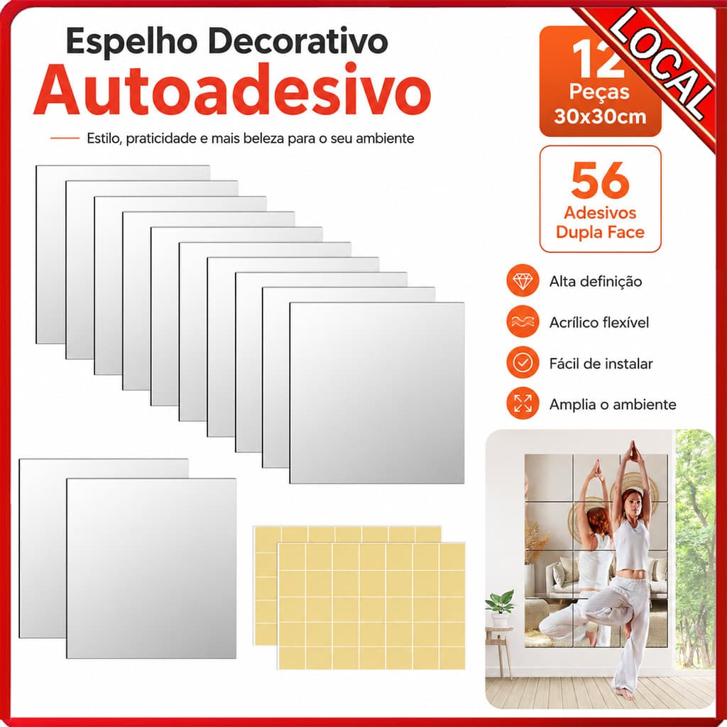 Espelho autoadesivo leve e seguro adesivo de parede 30cm quadrado Yoga Fitness espelho de parede 12 peças