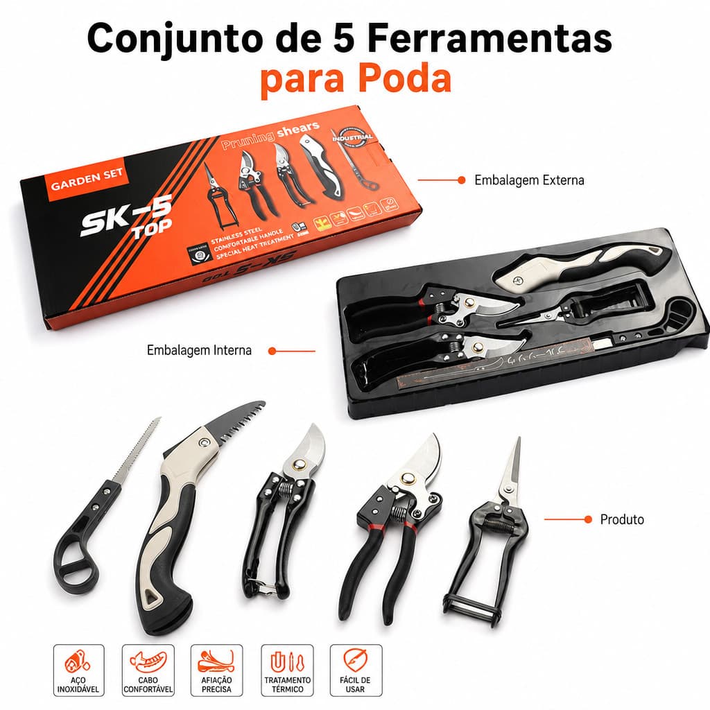 Kit Jardinagem Profissional 5 Peças Tesouras de Poda e Serrote com Estojo Organizador