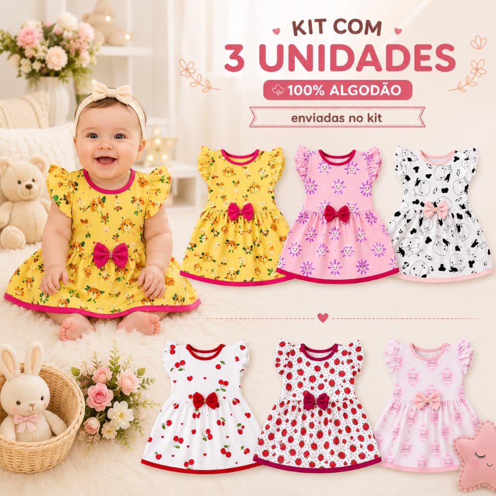 Kit 3 Vestido de Princesa Bebê Menina Recém Nascida até 6 meses 100% Algodão para dia a dia