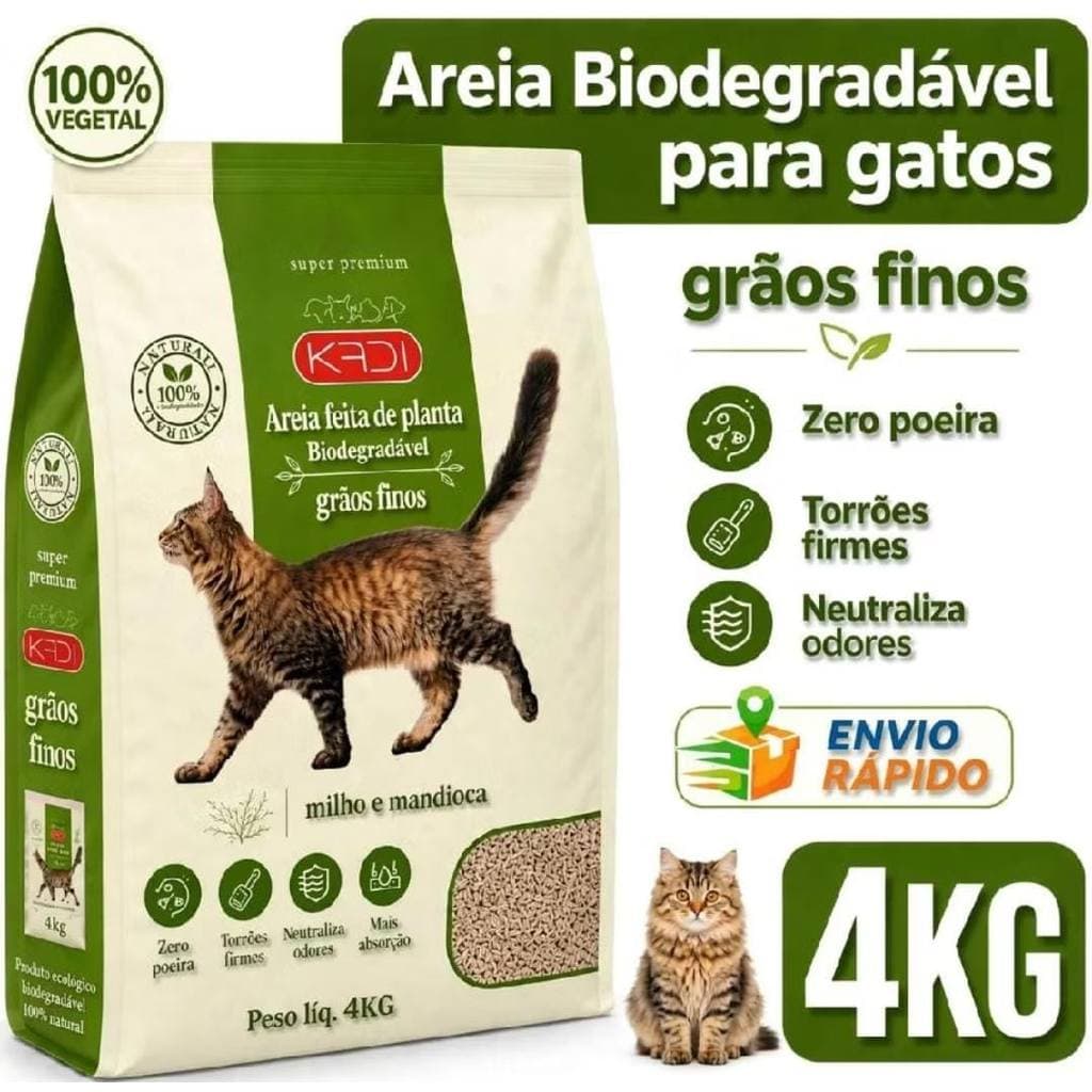 Areia 4 Kg Mandioca e Milho Biodegradável Kadi Grãos Finos Para Gatos