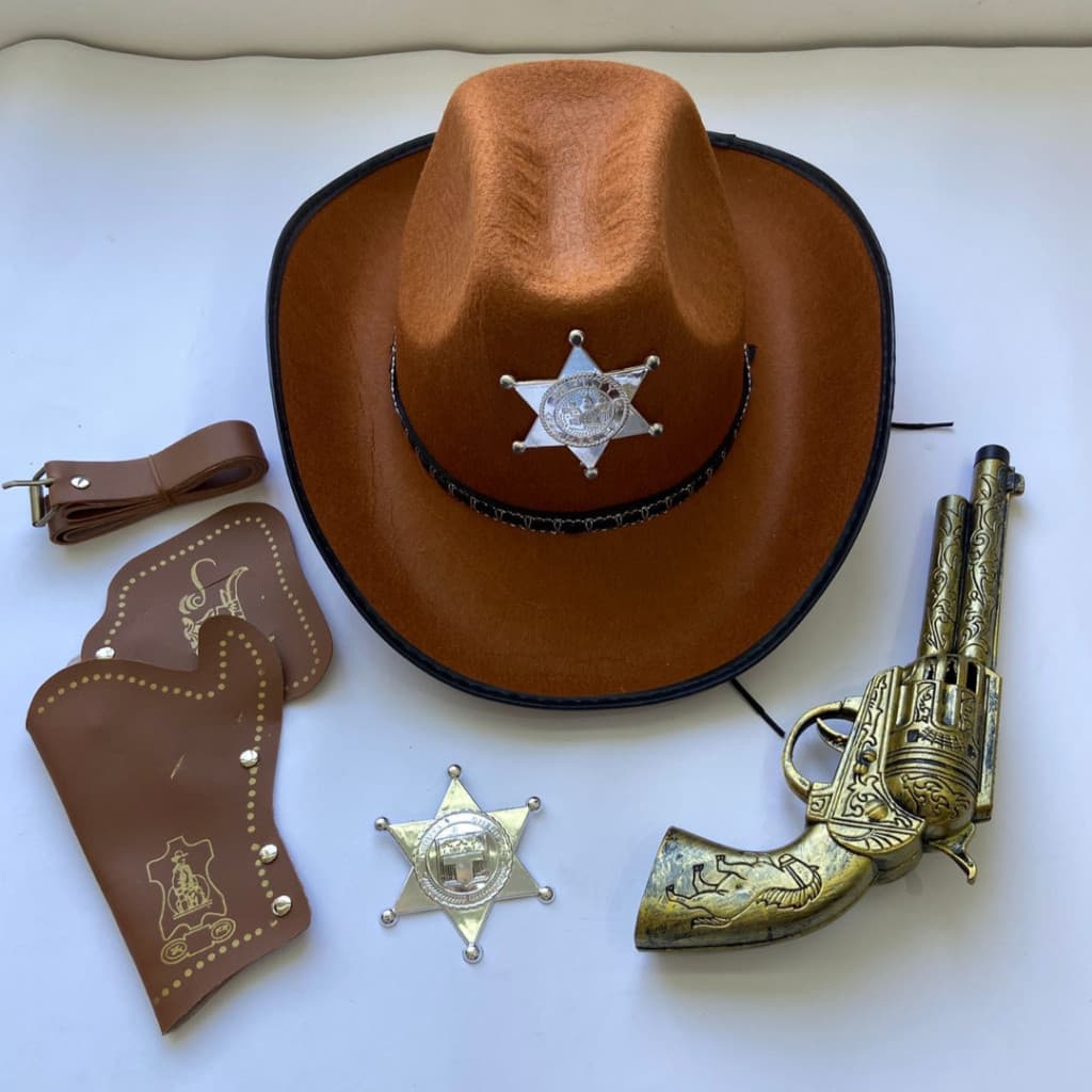 Kit Chapéu Xerife Para Festa Carnaval Fantasia Com 5 Peças Diversão Faroeste Velho Oeste