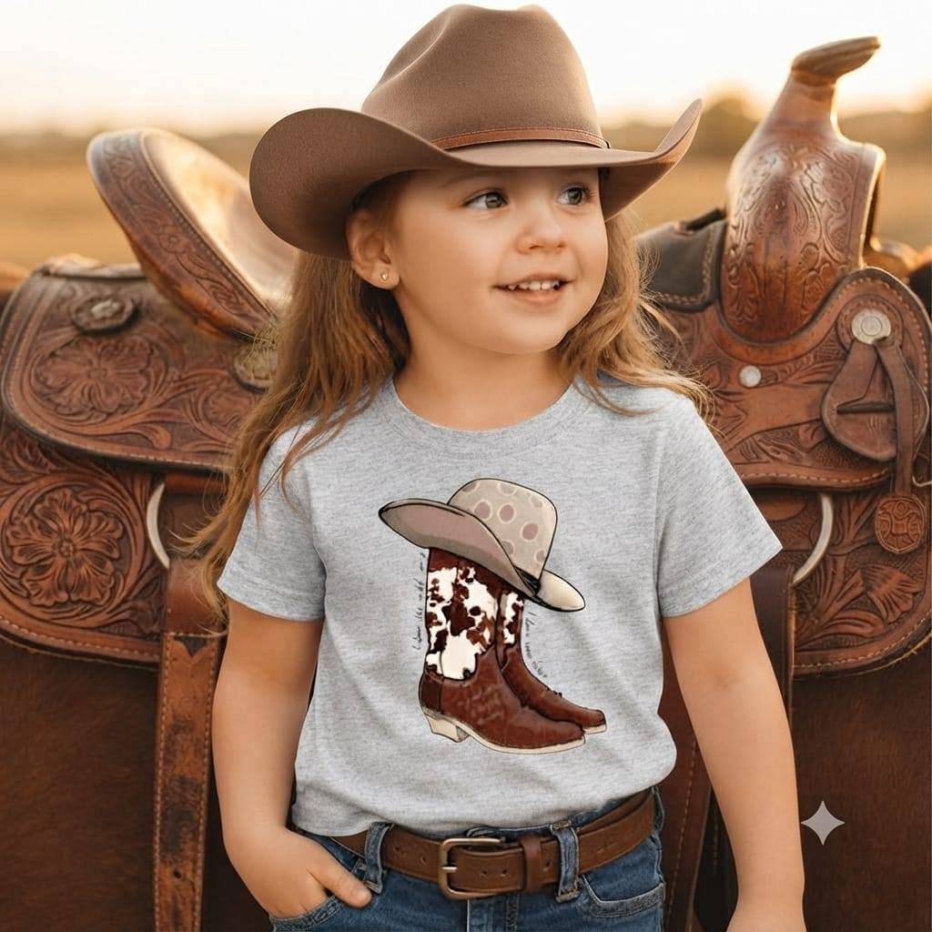 Camiseta Infantil Country Estampa Bota e Chapéu Feminina Menina Manga Curta Moça Menina Escola Roça