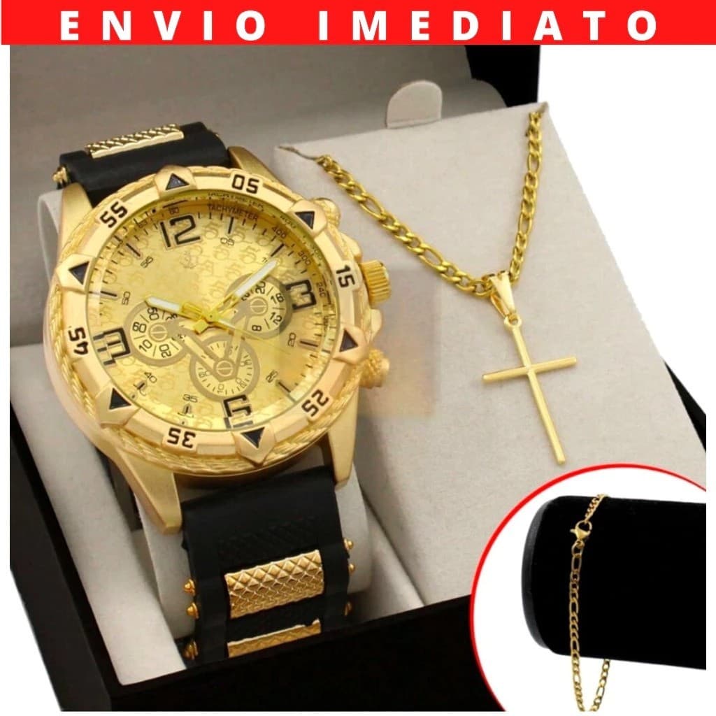 Kit Relógio Masculino + Pulseira Ouro Prata + Colar Cruz Estilo e Elegância