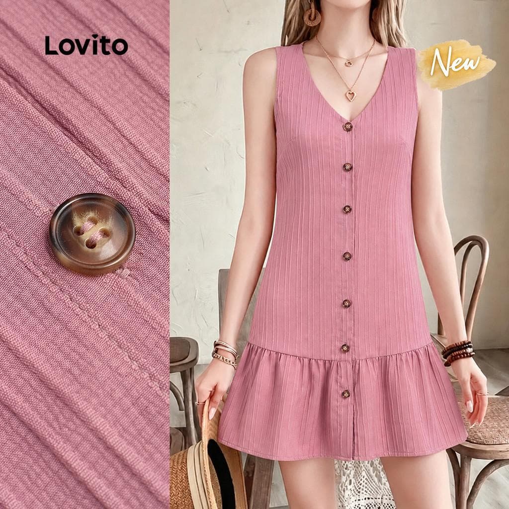 (New Arrival) Lovito Vestido Casual Cinza Rosa com Botão Casual e Confortável para Mulheres primavera/verão DRB199P2D362