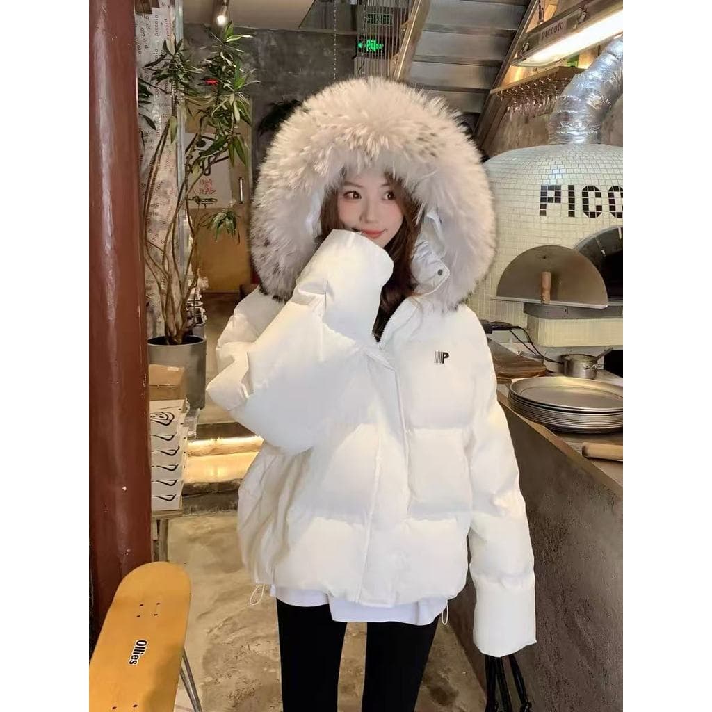 Off-White gola de pele grande com capuz jaqueta acolchoada feminina pequena jaqueta acolchoada de inverno jaqueta de pão