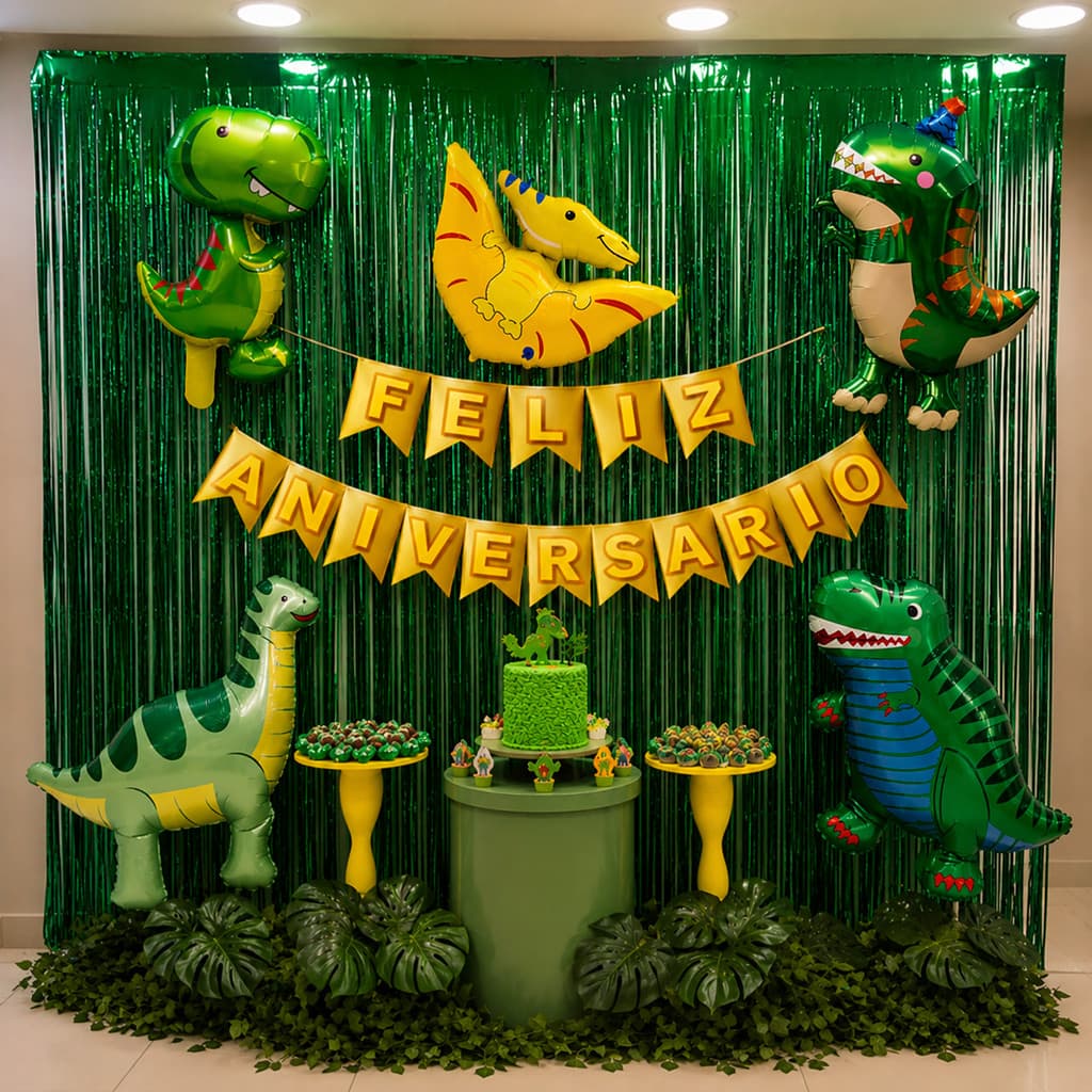 Decoração de Festa  Dinossauro baby 2 cortinas Metalizado 5 Balões Dinossauro Feliz Aniversário