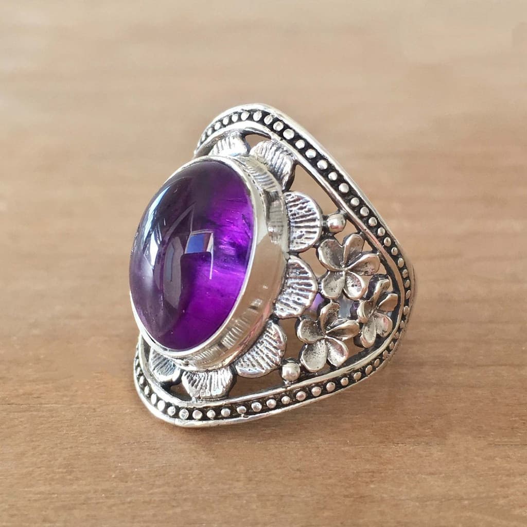 Anel Vintage Feminino para Festa, Metal Esculpido à Mão, Padrão Floral, Incrustado com Ametista 4230