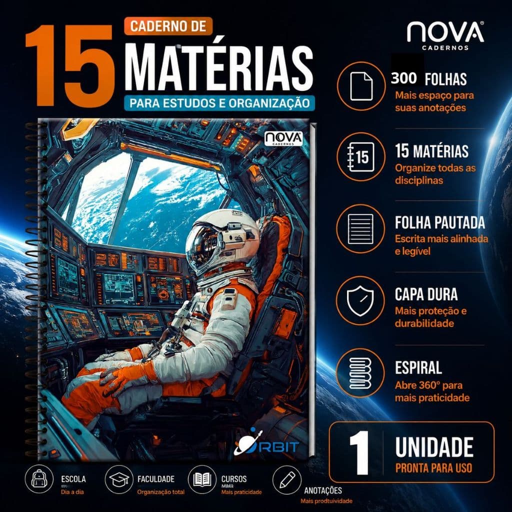 Caderno 15 Matérias 300 Folhas Espiral Capa Dura  Nova Cadernos Orbit Universitário