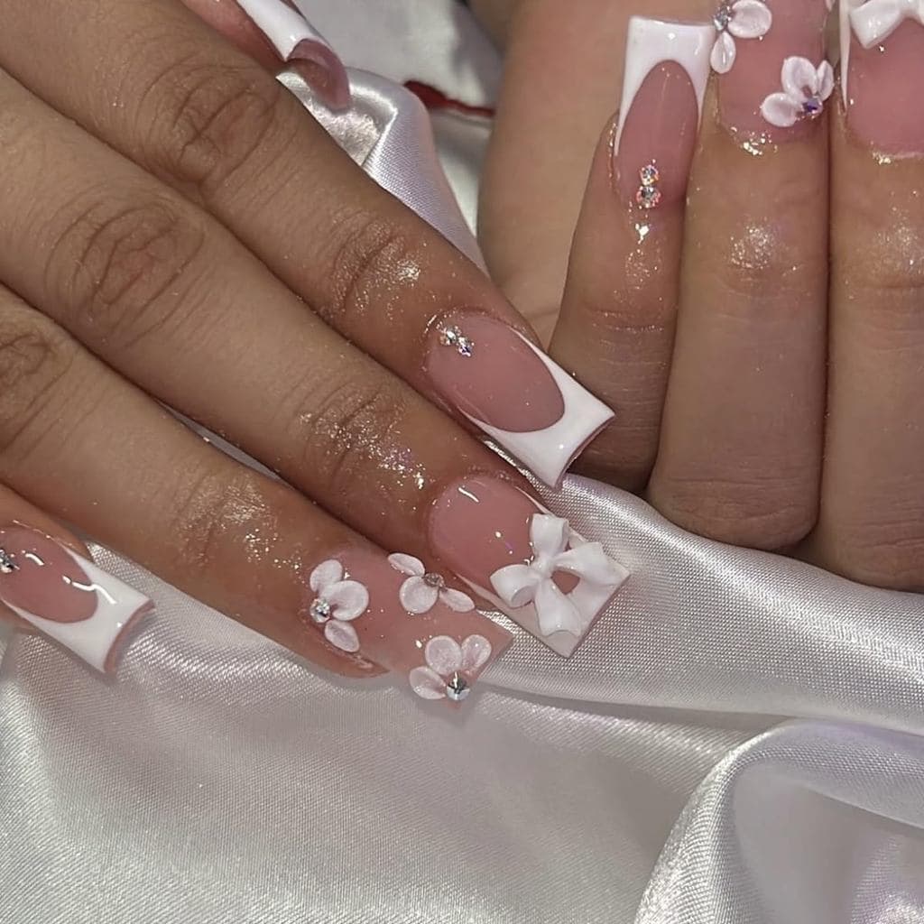 Unhas Postiças Quadradas de Pressão Média, Ponta Francesa Branca com Design de Laço Floral, Acrílico Brilhante de Cobert