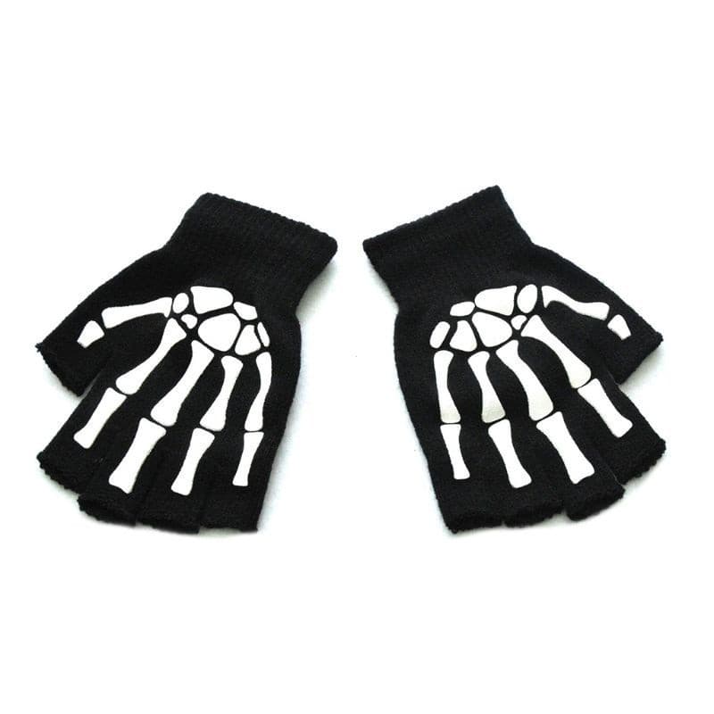 Luvas de Halloween com Caveira, Meio Dedo, Unissex, Adulto, Brilham no Escuro, Modelo AZPL
