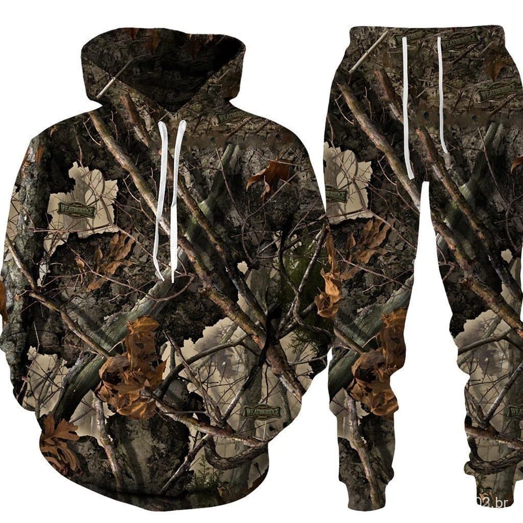 Conjunto de Moletom com Estampa de Camuflagem Animal Impresso em 3D para Caça, Roupas Esportivas Masculinas de 2 Peças,