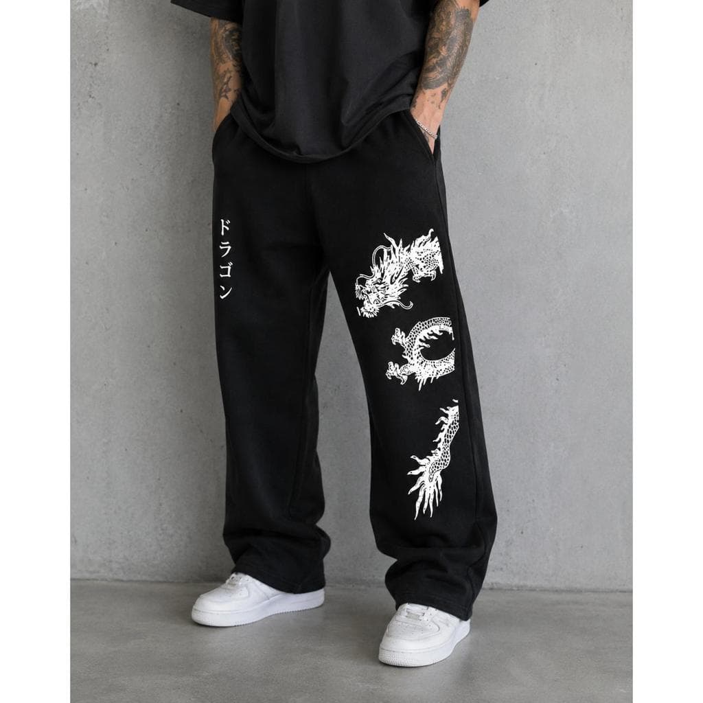 Calça Baggy Oversized Larga Wide Moletom Dragão Oriental Japan Street Unissex Moda Confortável Frio Masculina Feminina