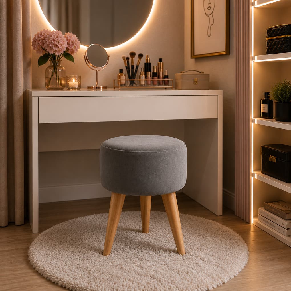 Puff Redondo Decorativo 36cm Estofado Banco com Pes Palito Sala Quarto Closet Moderno