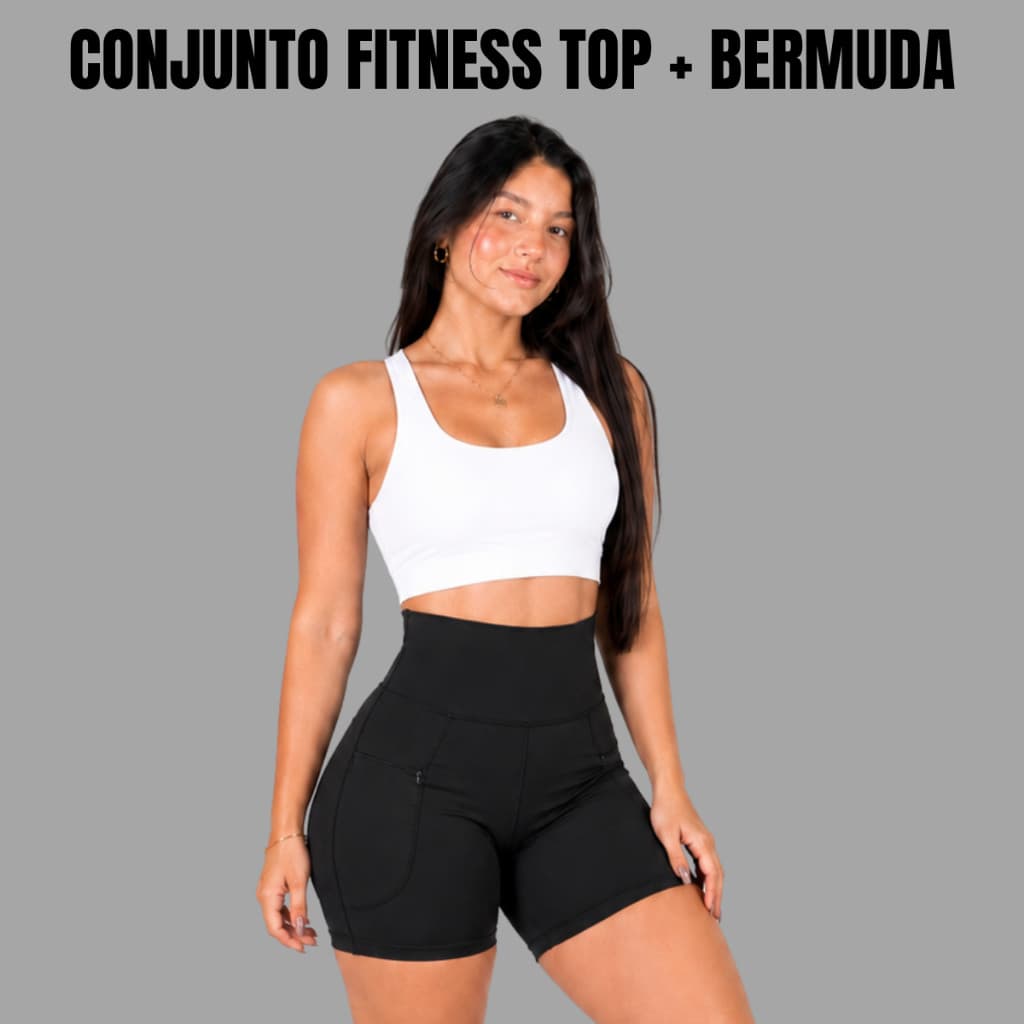 Conjunto Feminino Top Nadador + Bermuda Suplex Com Bolso Zíper FItness Academia Plus Size Treino