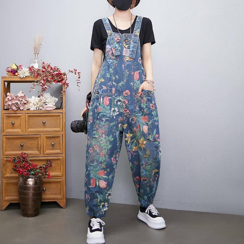 Macacão estampado jeans feminino primavera outono solto tamanho grande Casual redução de idade macacão Bloomers