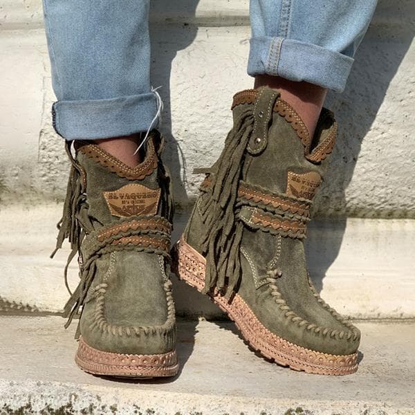 Botas femininas com solado grosso e franjas, botas curtas casuais de tamanho grande, calçados femininos, botas longas.
