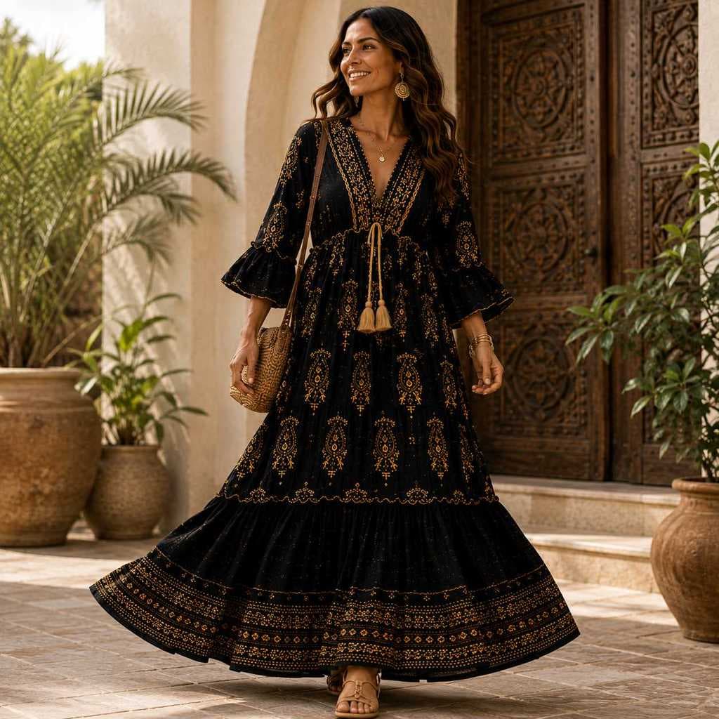 Vestido Longo Indiano 100% Viscose Bordado Feminino Forrado Estilo Boho M ao G
